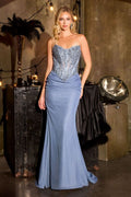 Strapless Rhinestones Embellished Festive Gown w/ Basque Waistline & Mermaid Cut