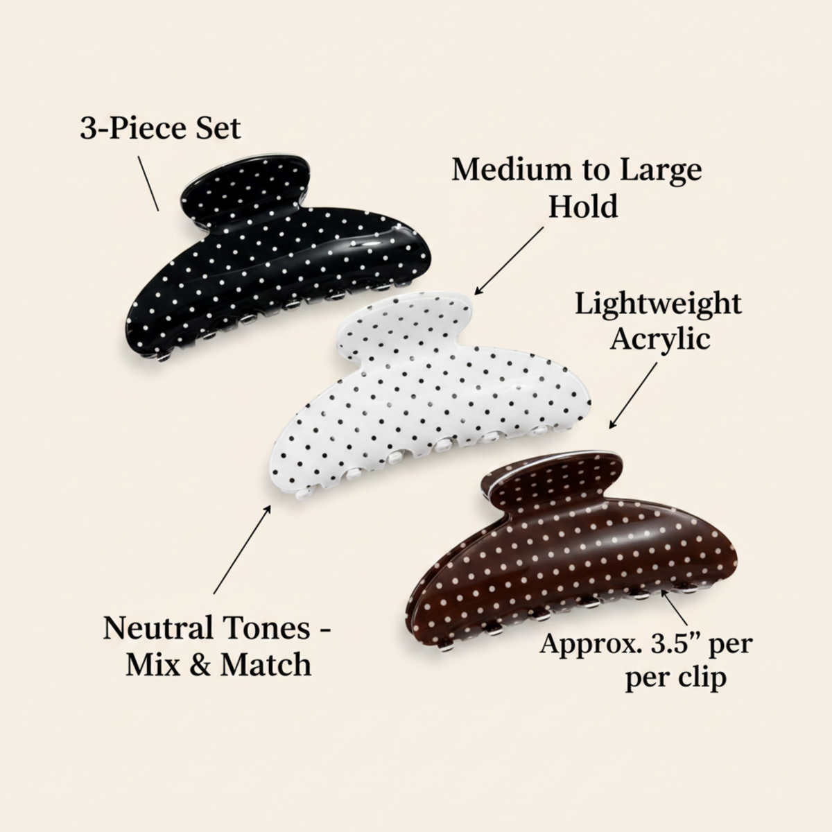 Classic Polka Dot Hair Claw Clip Set – 3 Piece Everyday Essentials