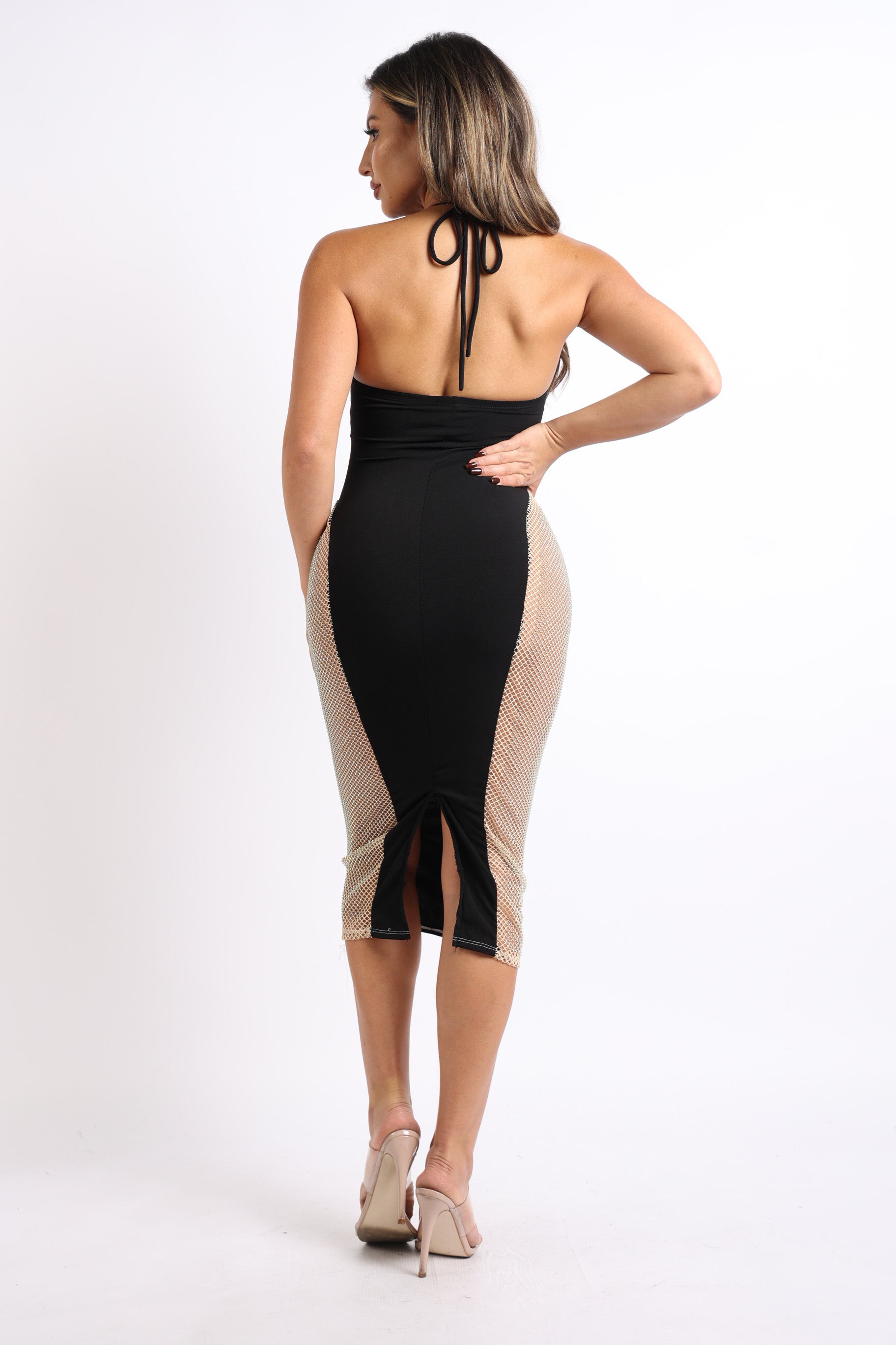 Sexy Cut Out Rhinestone Fishnet Contrast Clubwear Party Dress Black