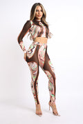 Swirl Print Mesh Contrast Top & Matching Pants Set