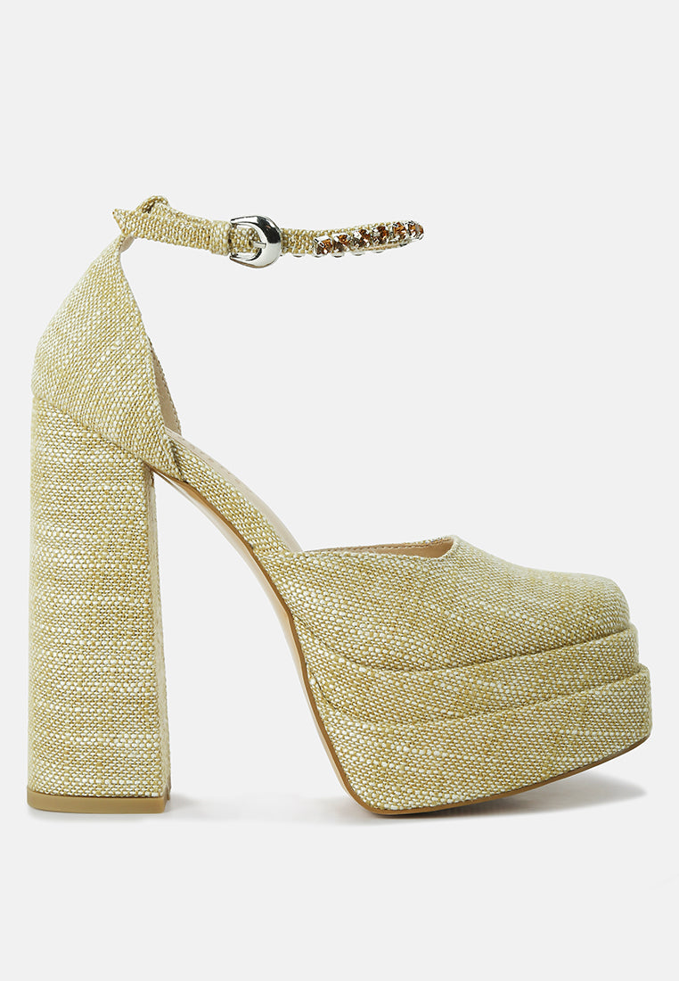 Diamante Embellished Ankle Strap High Block Heel Sandals