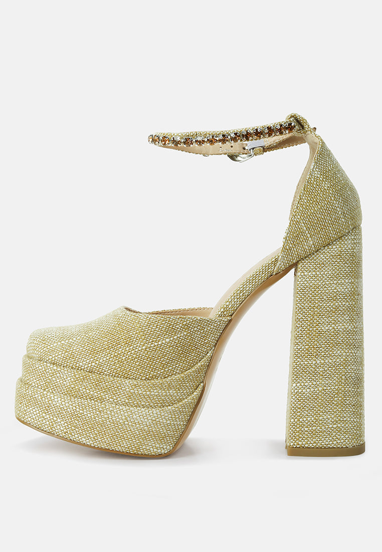 Diamante Embellished Ankle Strap High Block Heel Sandals