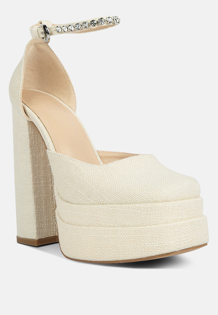 Diamante Embellished Ankle Strap High Block Heel Sandals