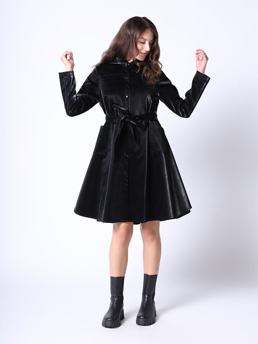 Glossy Rain Coat With Waist Ribbon
