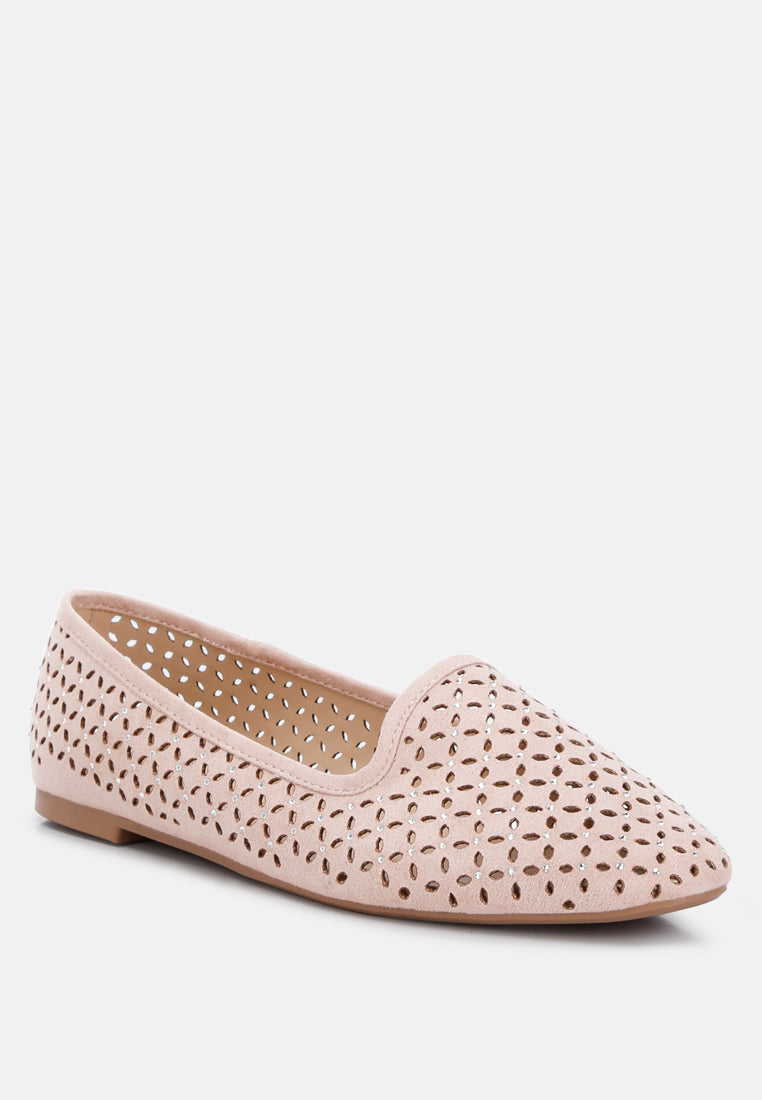Perforated Almond Toe Micro Suede Ballerinas