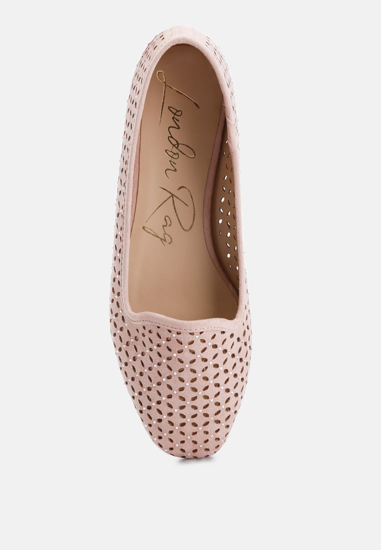 Perforated Almond Toe Micro Suede Ballerinas