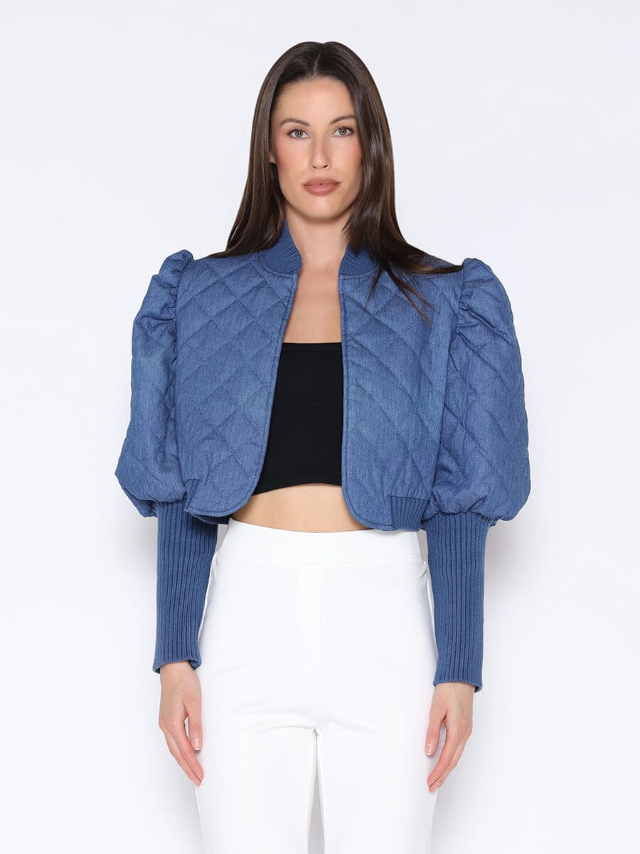 Quilted Denim Puff Jacket With Ribbed Sleeve