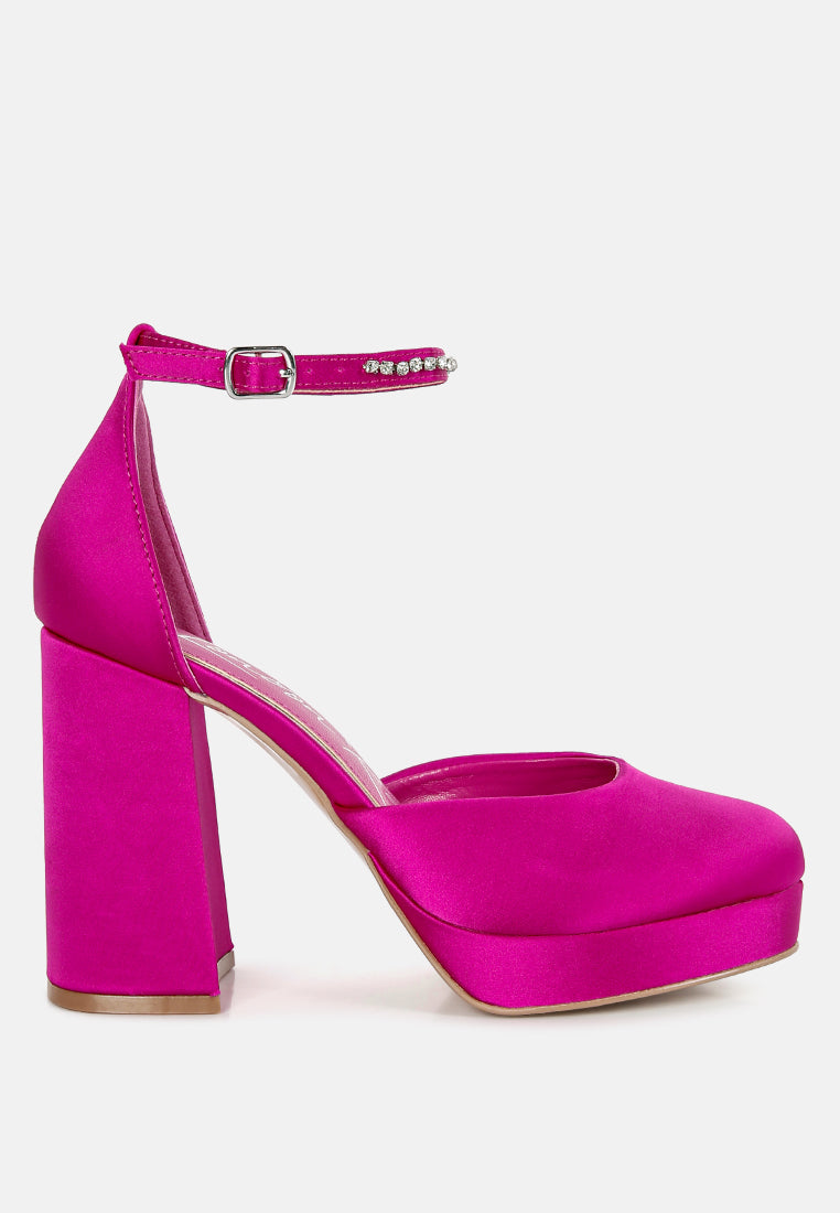 Rhinestone Embellished Satin Strap Platform Heels