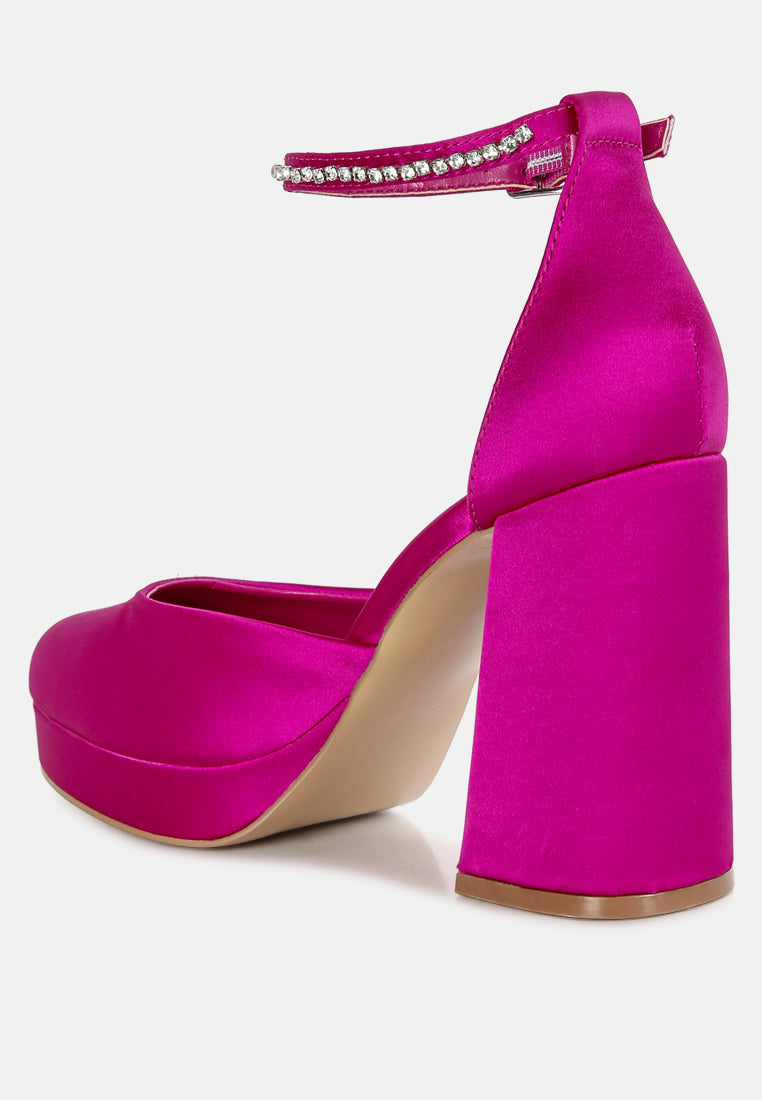 Rhinestone Embellished Satin Strap Platform Heels