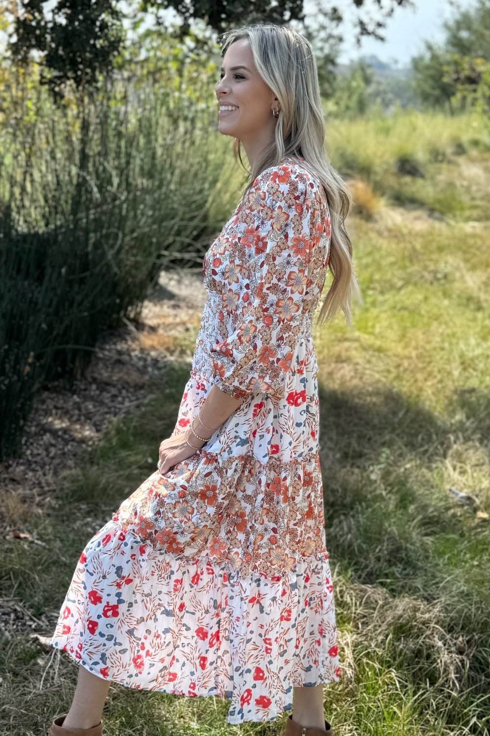 Floral Tiered Ruffles in Midi Dress