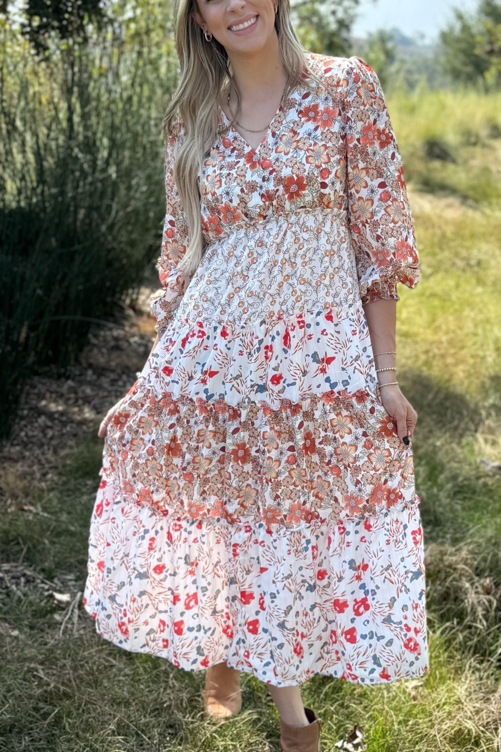 Floral Tiered Ruffles in Midi Dress