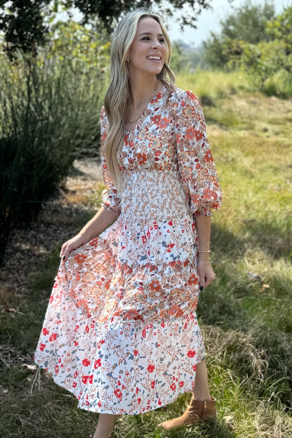 Floral Tiered Ruffles in Midi Dress