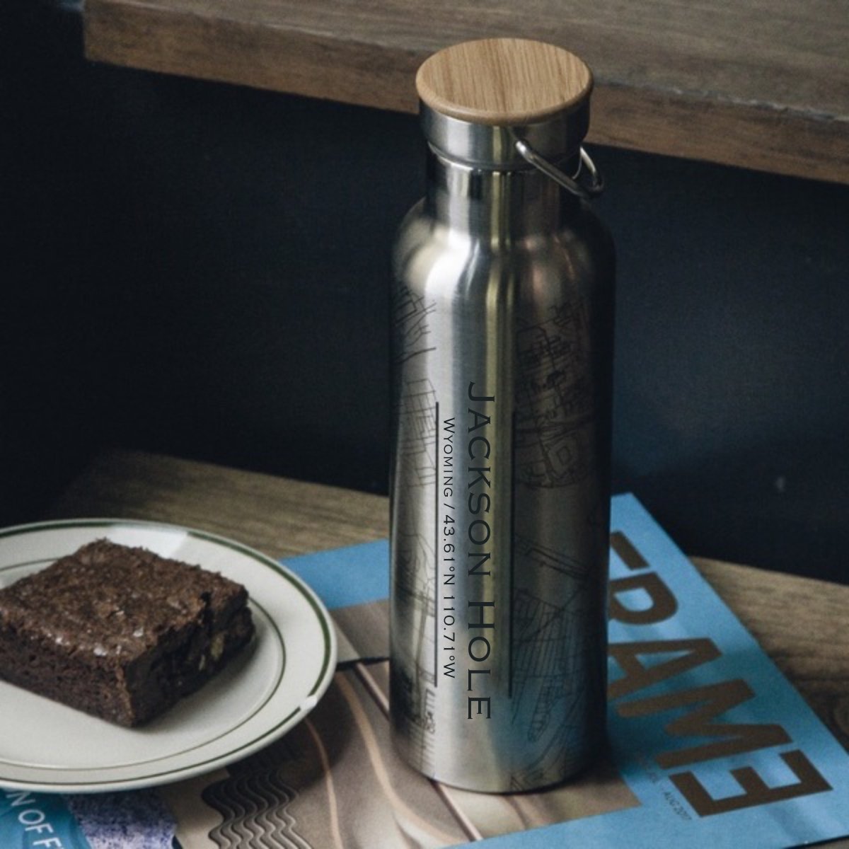 Jackson Hole - Wyoming Engraved Map Stainless Steel Bottle With Bamboo Top