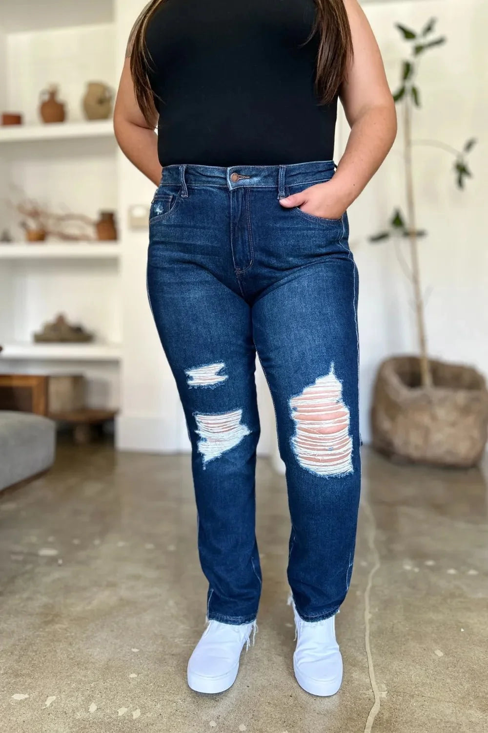 Full Size High Waist Destroyed Straight Jeans
