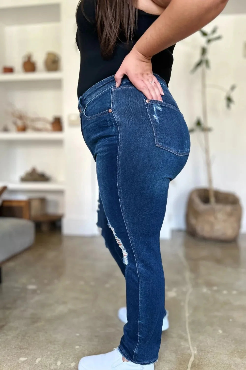 Full Size High Waist Destroyed Straight Jeans