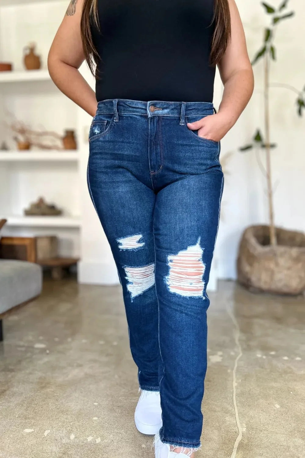Full Size High Waist Destroyed Straight Jeans