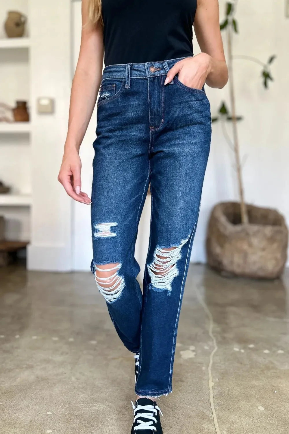Full Size High Waist Destroyed Straight Jeans