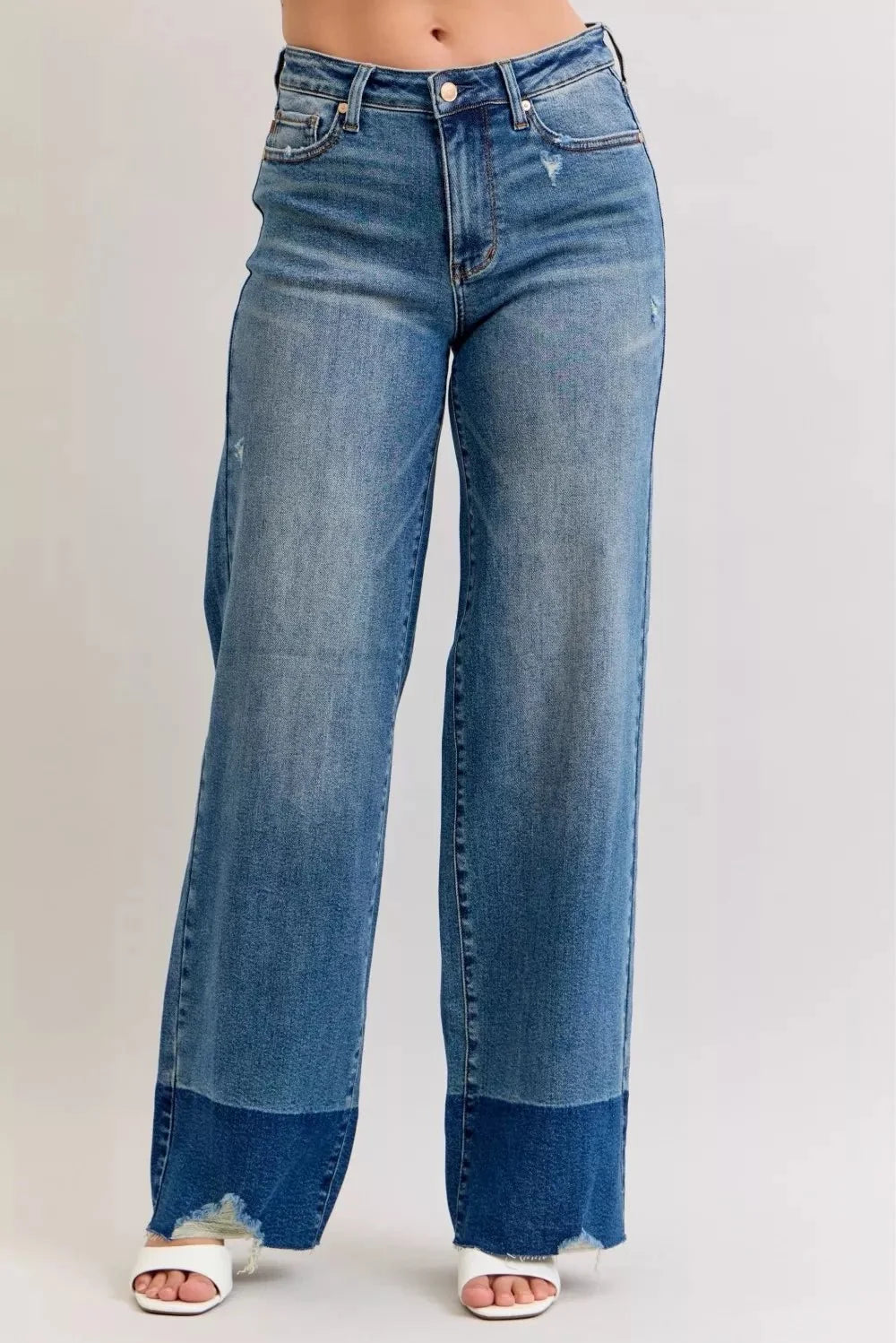 Light Blue Faded Raw Hem High Waist Column Straight Jeans