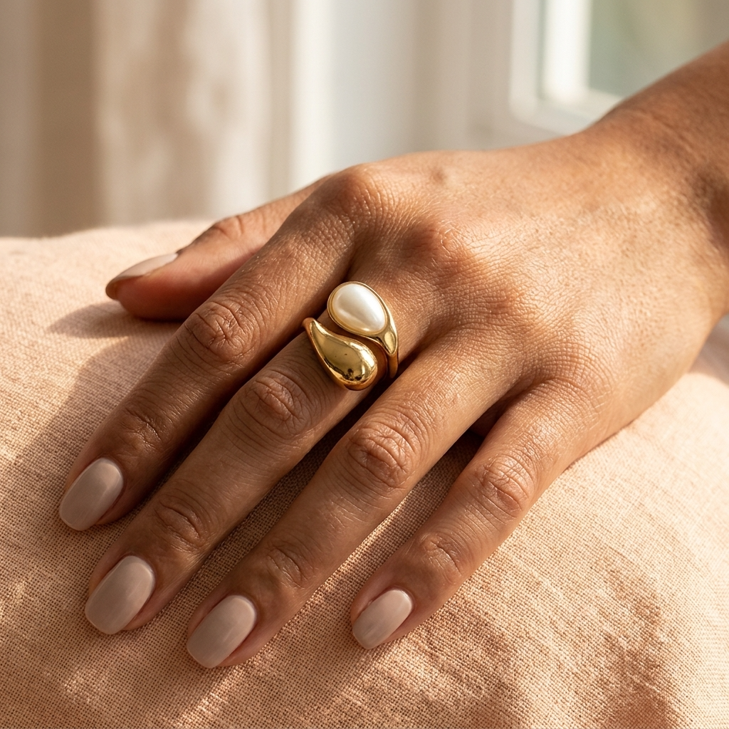 18K Gold-Plated Teardrop Pearl Ring W/ Adjustable Band