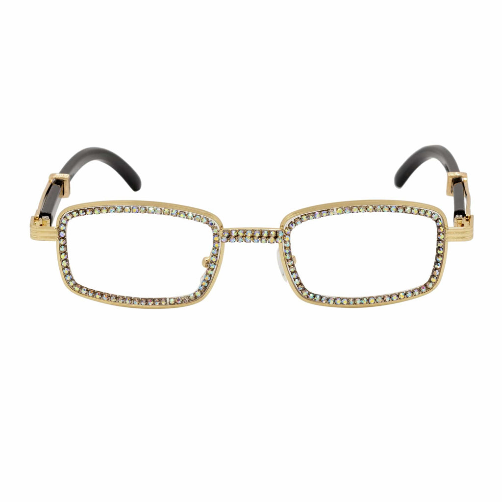 BLING TWO - Rhinestone Metal Rectangle Glasses Gold Clear Lens