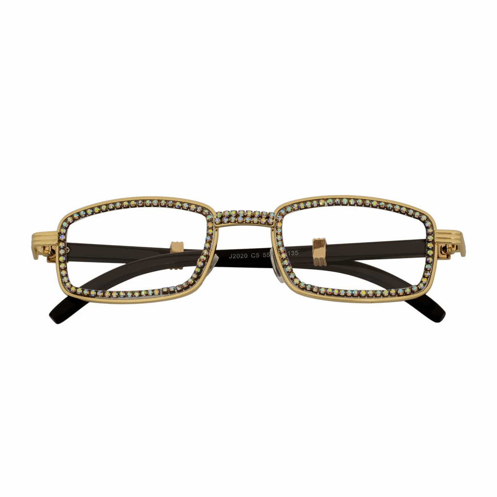 BLING TWO - Rhinestone Metal Rectangle Glasses Gold Clear Lens