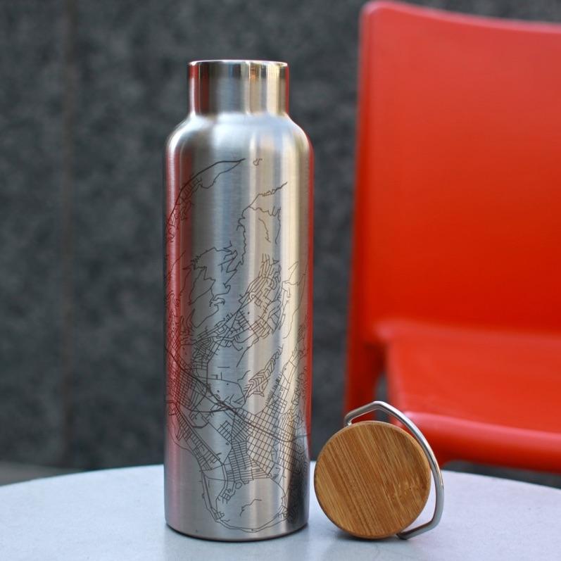 Mount Mansfield - Vermont Engraved Topographic Map Steel Bottle With Bamboo