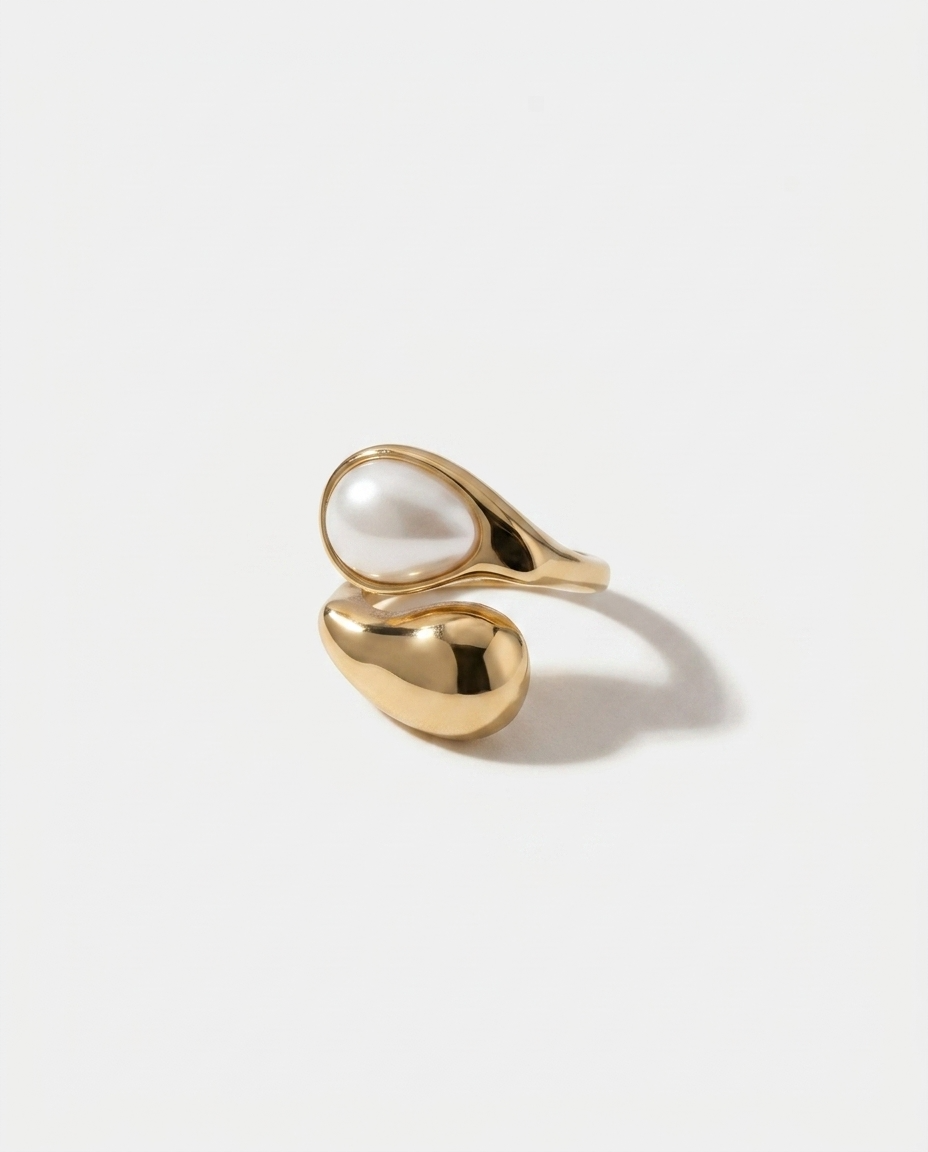 18K Gold-Plated Teardrop Pearl Ring W/ Adjustable Band