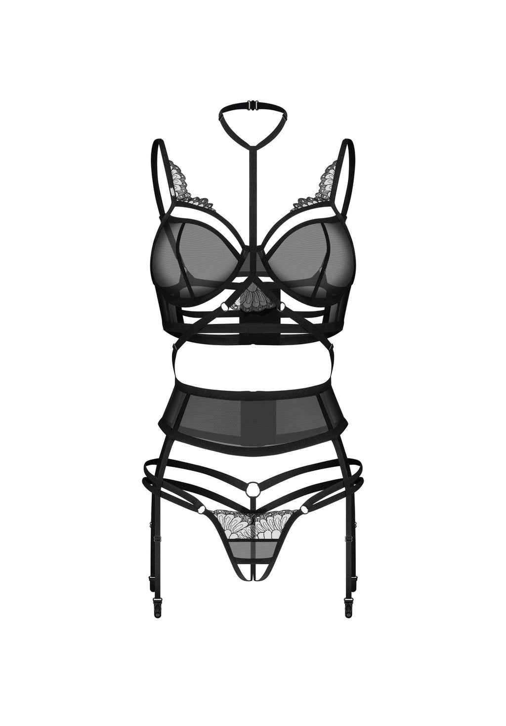 Black 3-Piece Crotchless Sheer Mesh Garter Belt Lingerie Set
