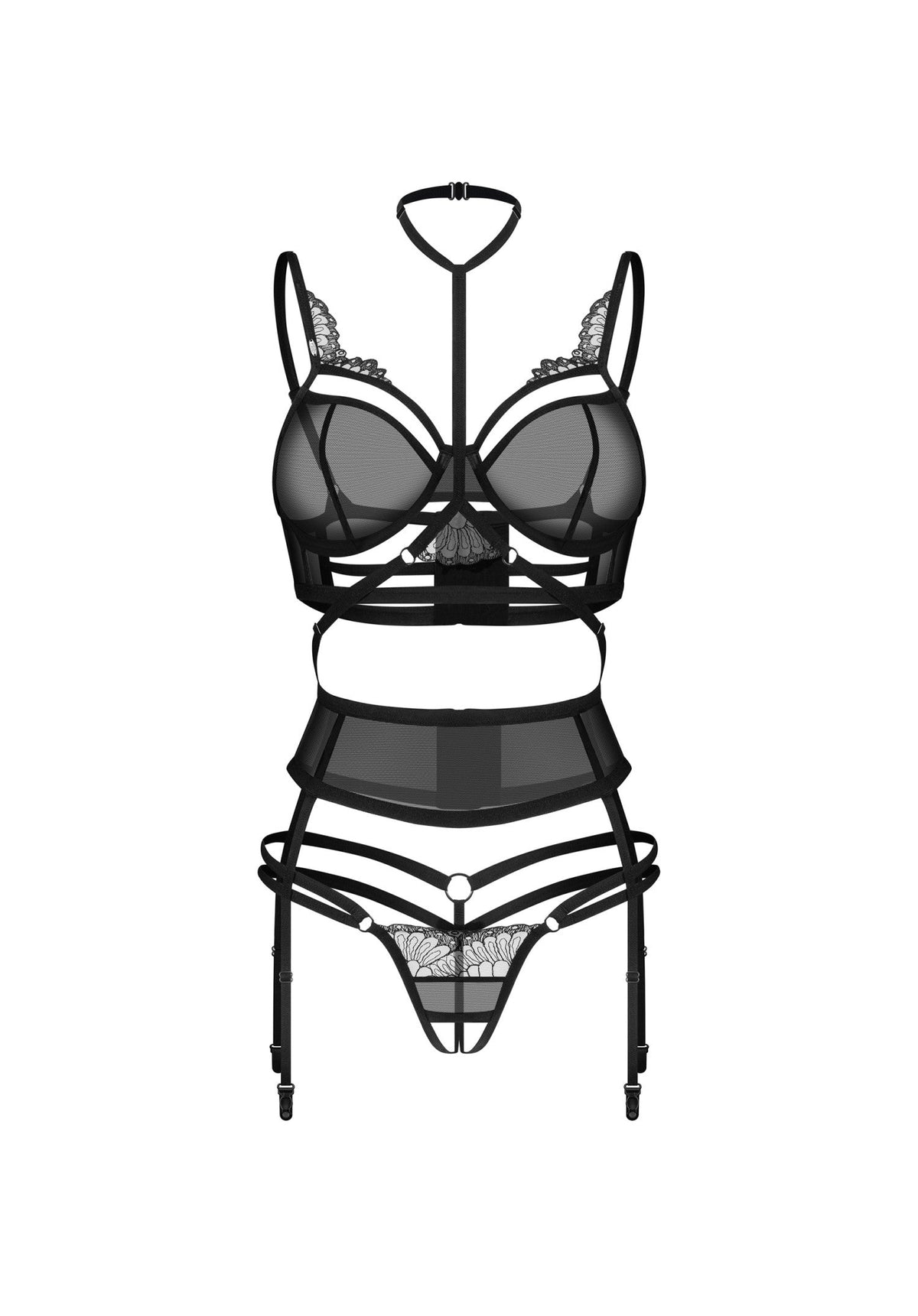 Black 3-Piece Crotchless Sheer Mesh Garter Belt Lingerie Set