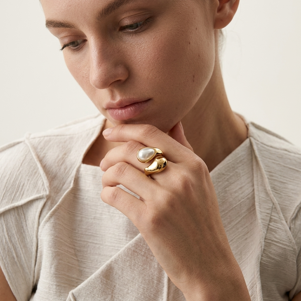 18K Gold-Plated Teardrop Pearl Ring W/ Adjustable Band