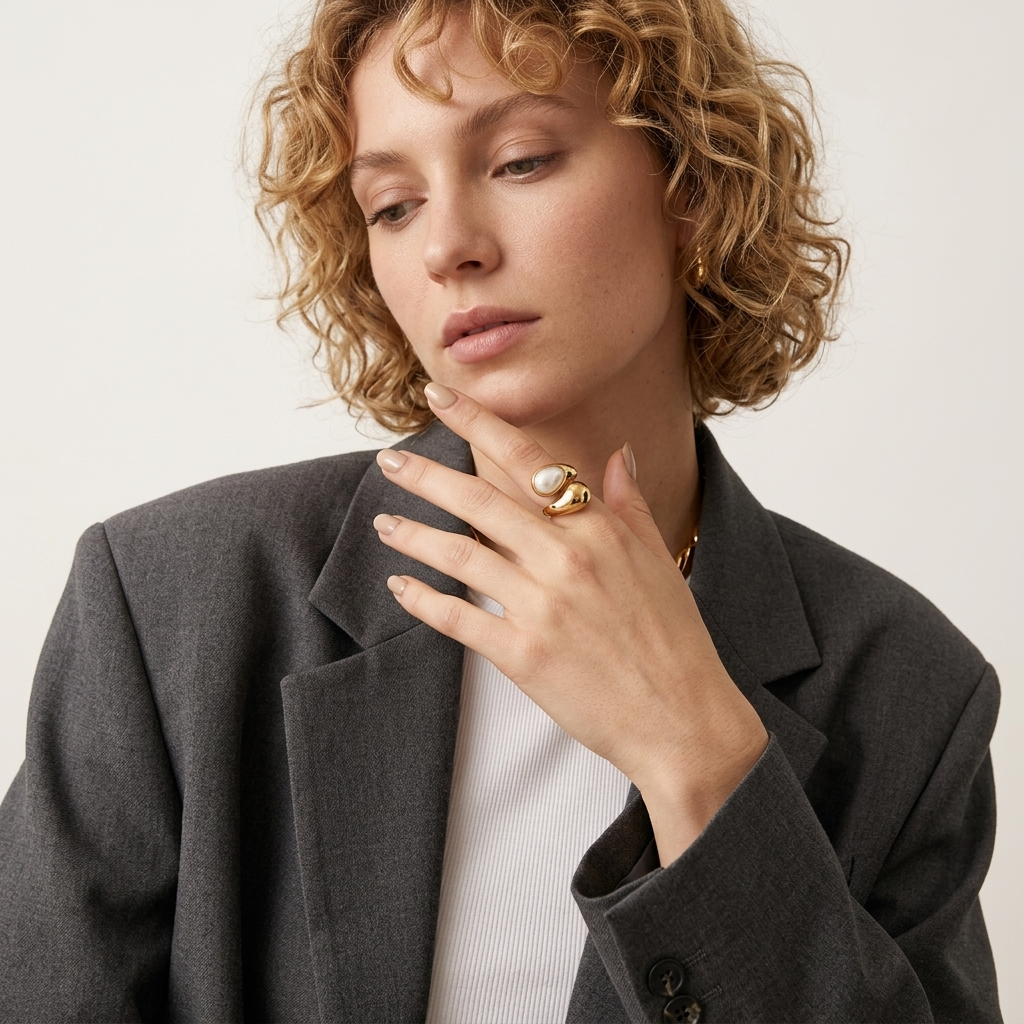 18K Gold-Plated Teardrop Pearl Ring W/ Adjustable Band