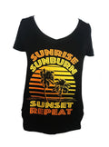 SUNRISE SUNBURN SUNSET REPEAT Text Print V Neck Short Sleeve Top